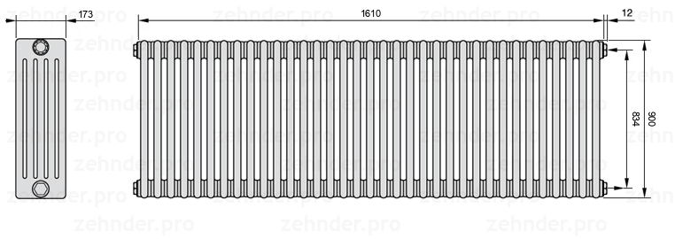 Схема (чертеж) Радиатор Zehnder Charleston 5090/35 №7610 Белый глянцевый RAL 9016